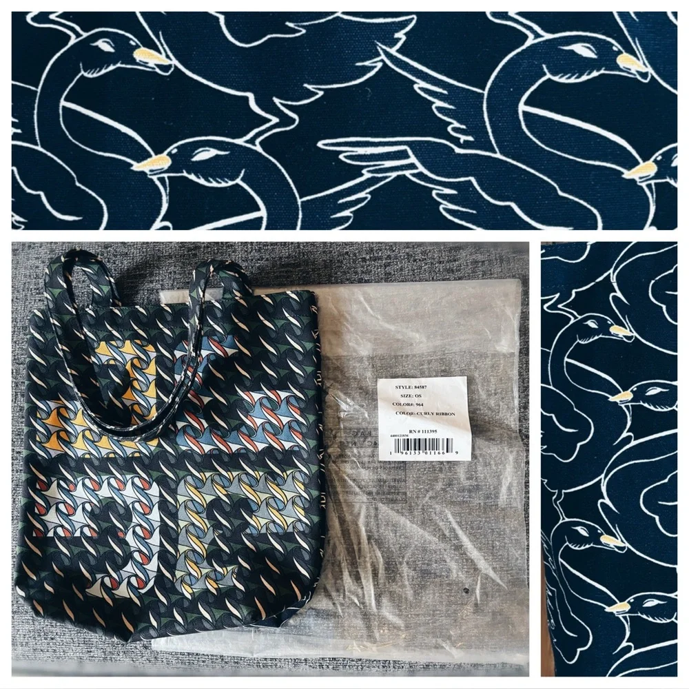 Tory Burch Curly Ribbon & Swan Reversible Cotton Canvas Tote | NIP